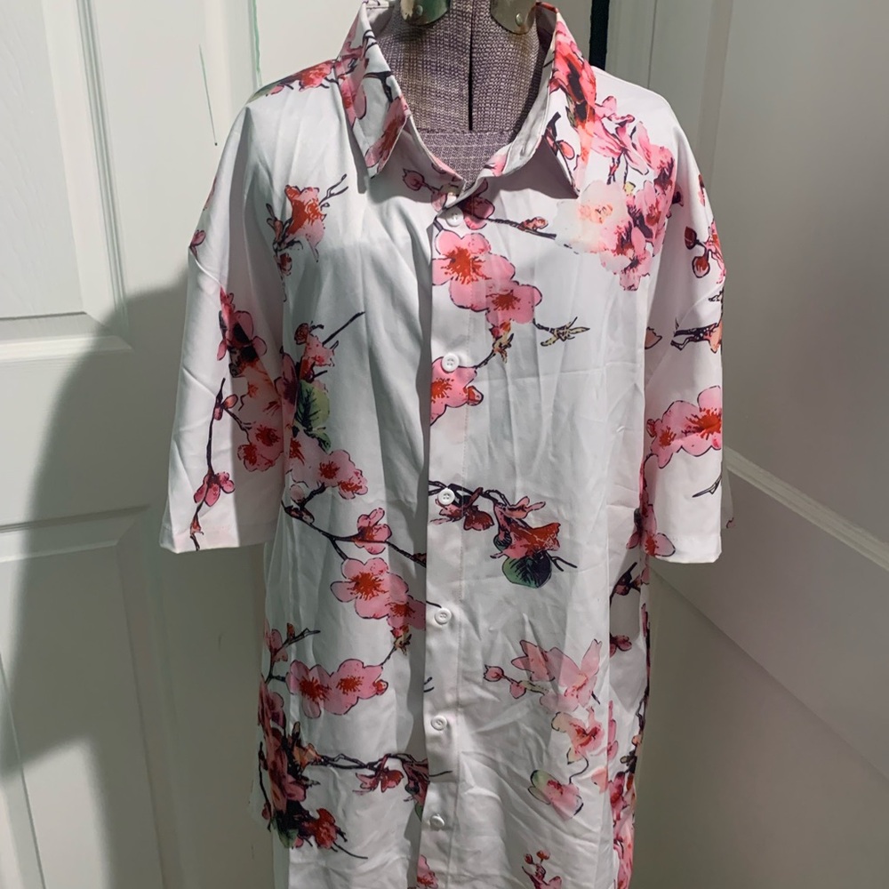 Men's Floral Button Down Shirt - White and Pink